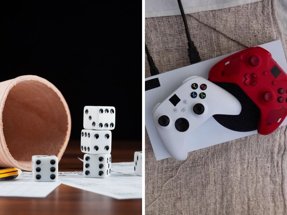 Eine Bildcollage mit zwei nebeneinander angeordneten Spielszenen. Links: Ein lederner Würfelbecher liegt neben gestapelten weißen Würfeln auf einem Spielblatt, typisch für analoge Würfelspiele wie Kniffel. Rechts: Zwei Xbox-Controller - ein weißer und ein roter - liegen auf einer textilen Unterlage, wobei der weiße Controller mit seinen farbigen Tasten und der rote Controller mit seinem D-Pad deutlich erkennbar sind. Die Bildcollage stellt den Kontrast zwischen analogem und digitalem Gaming dar.